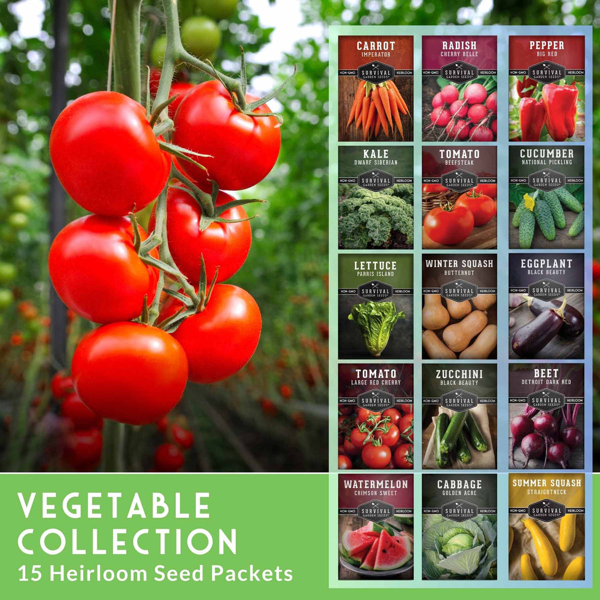 Heirloom seed packets for various vegetables with a cluster of red tomatoes on the left.