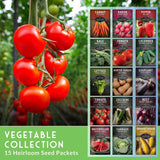 Heirloom seed packets for various vegetables with a cluster of red tomatoes on the left.