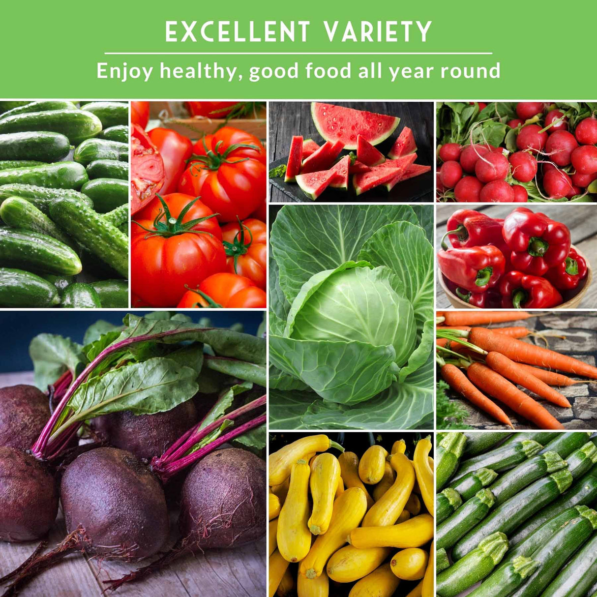 Collage of various vegetables with a green background and text about healthy food.