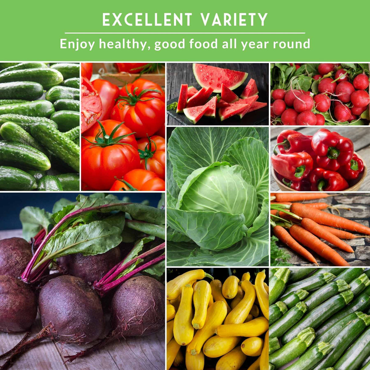 Collage of various fruits and vegetables with a green background and text about healthy food.