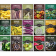 A 1grid of illustrated seed packet designs showing various vegetables, including summer squash, cowpeas, corn, tomato, zucchini, collards, pepper, eggplant, cucumber, habanero pepper, okra, lima bean, watermelon, and pole bean. Each packet has a different color scheme and includes the brand name Survival Seeds.
