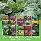 A promotional collage for the Southern Garden Collection showing 15 heirloom seed packets arranged in a grid beneath large green cabbage leaves. The packets include varieties such as summer squash, cowpeas, corn, tomato, zucchini, collards, pepper, eggplant, cucumber, habanero pepper, okra, lima bean, watermelon, and pole bean.