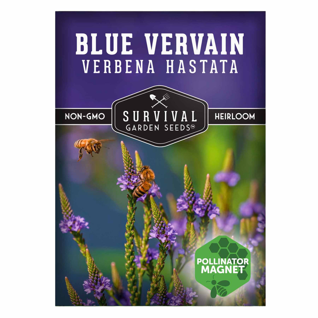 1 Survival Garden Seeds Blue Vervain seed packet with bees on flowers