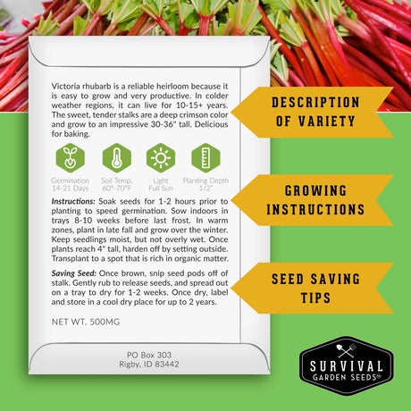 Survival Garden Seeds Victoria rhubarb seed packet with growing instructions and seed saving tips on a green background.