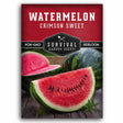 Seed packet for Survival Garden Seeds Watermelon Crimson Sweet, featuring a red header with white text and a photo of watermelon slices and whole watermelons on a wooden surface.