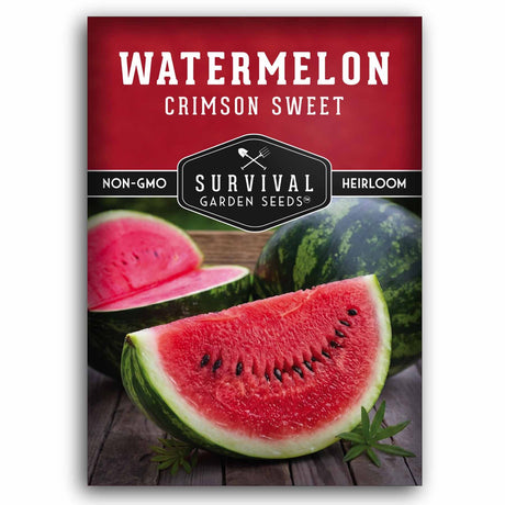 Seed packet for Survival Garden Seeds Watermelon Crimson Sweet, featuring a red header with white text and a photo of watermelon slices and whole watermelons on a wooden surface.