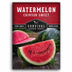 Seed packet for Survival Garden Seeds Watermelon Crimson Sweet, featuring a red header with white text and a photo of watermelon slices and whole watermelons on a wooden surface.