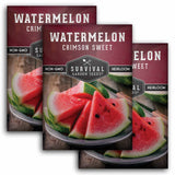 Three packages of Survival Garden Seeds Crimson Sweet watermelon on a white background