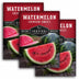 Three overlapping seed packet designs for 'Watermelon Crimson Sweet' by Survival Garden Seeds, featuring red watermelon slices and whole watermelons on a dark background.