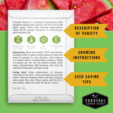 Survival Garden Seeds watermelon seed packet with text and watermelon slices in the background