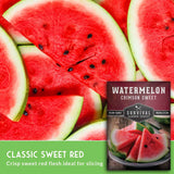 Sliced watermelon with a package of Survival Garden Seeds watermelon seeds on a green background
