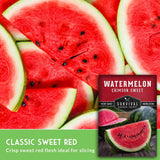 Watermelon seeds package shown over a close-up watermelon slice background, with text reading 'CLASSIC SWEET RED' and 'Crisp sweet red flesh ideal for slicing.'.