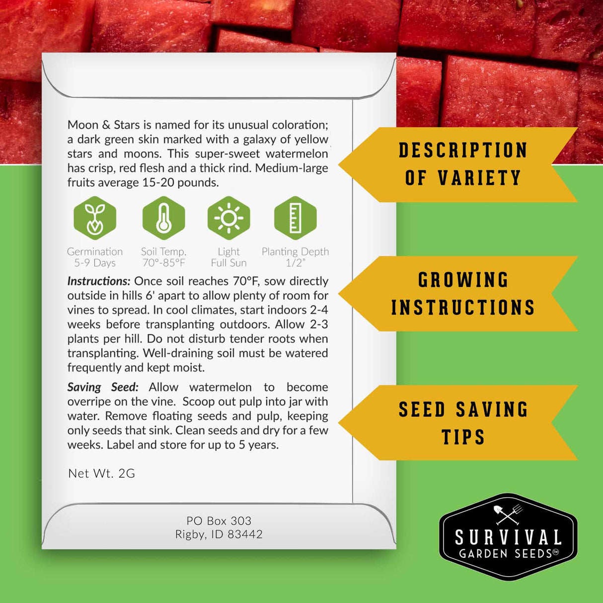 Survival Garden Seeds watermelon seed packet with text and graphics on a red and green background