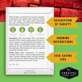Survival Garden Seeds watermelon seed packet with text and graphics on a red and green background
