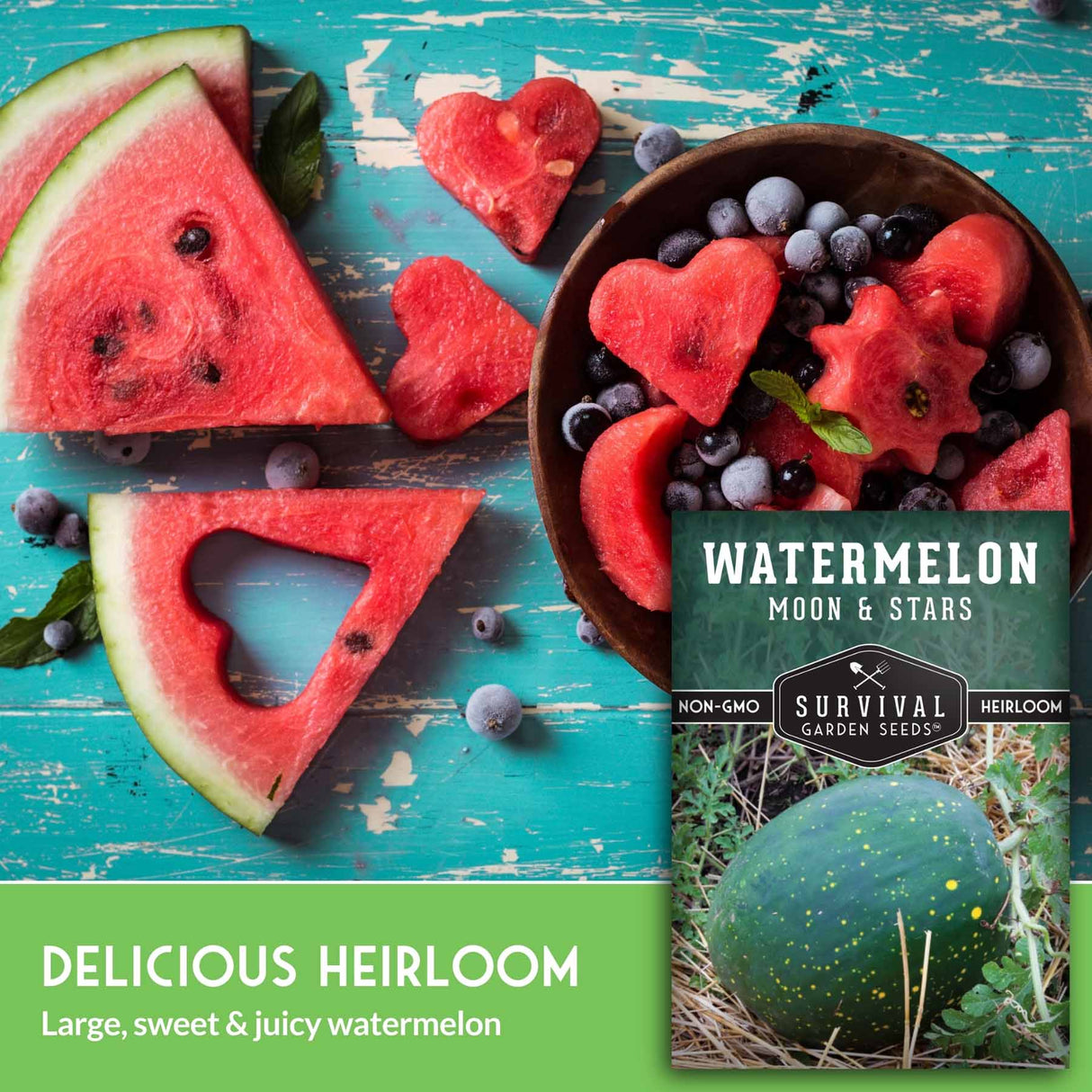 Watermelon slices and a package of 'Watermelon Moon & Stars' seeds on a blue wooden surface.