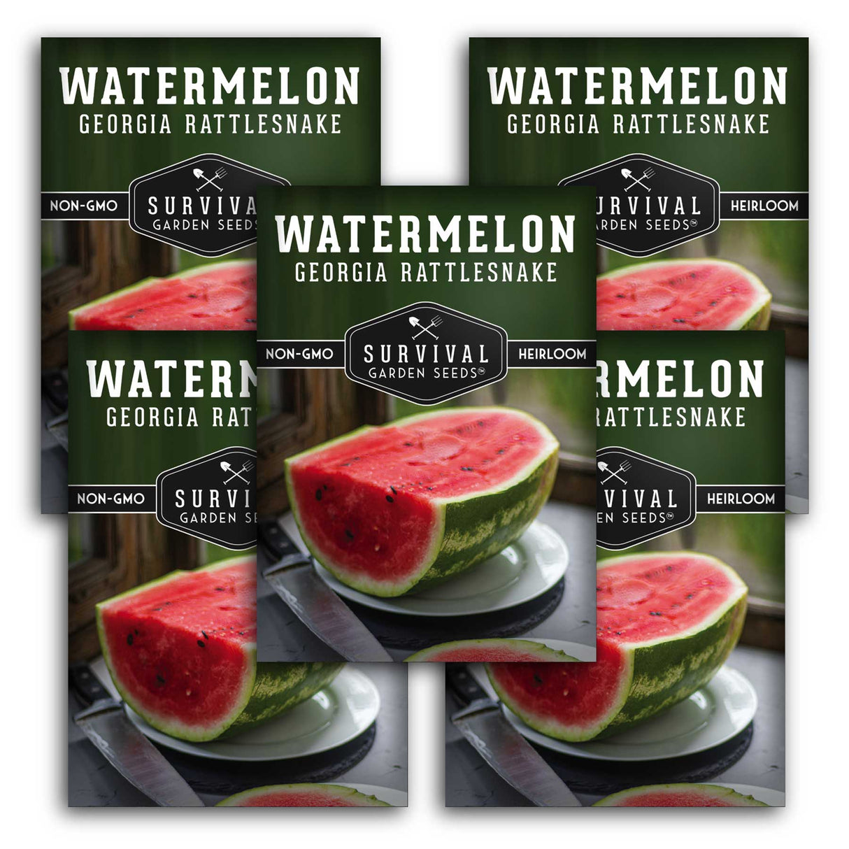 Survival Garden Seeds watermelon seed packets with images of watermelons.