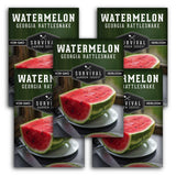 Survival Garden Seeds watermelon seed packets with images of watermelons.