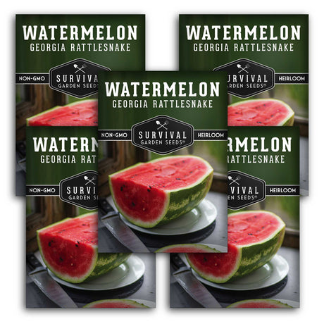 Survival Garden Seeds watermelon seed packets with images of watermelons.