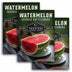 Three packages of Survival Garden Seeds Georgia Rattlesnake watermelon with watermelons in the background.