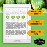 Watermelon seed packet with growing instructions and variety details on a green background