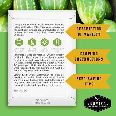 Watermelon seed packet with growing instructions and variety details on a green background