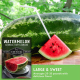 Watermelon with a slice cut out, showing its red flesh and green rind, with a brand label on a wooden surface.