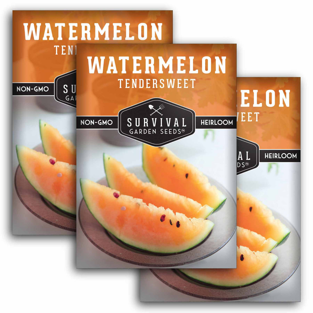 Three packages of Survival Garden Seeds Watermelon Tendersweet on a white background