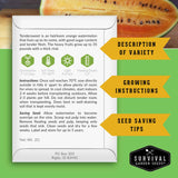 Survival Garden Seeds watermelon seed packet with text and graphics on a green background