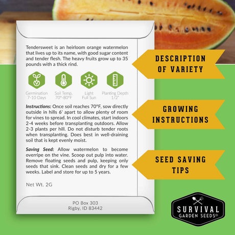 Survival Garden Seeds watermelon seed packet with text and graphics on a green background
