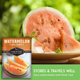 Watermelon with a package labeled 'Survival Garden Seeds' on a green background