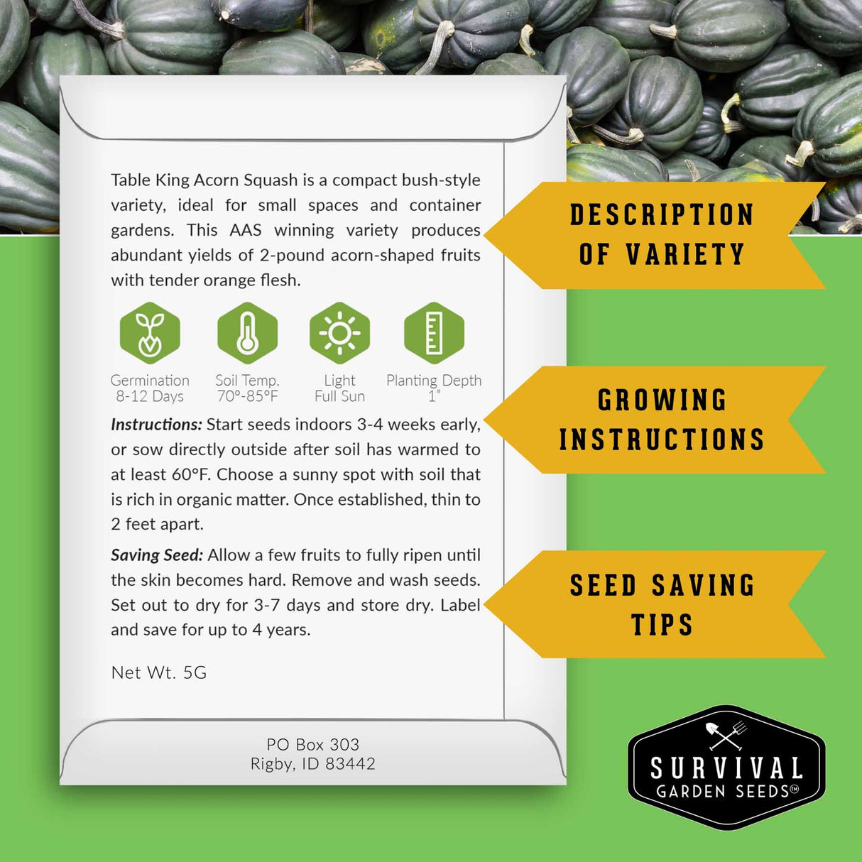 Survival Garden Seeds packaging with acorn squash and text on a green background