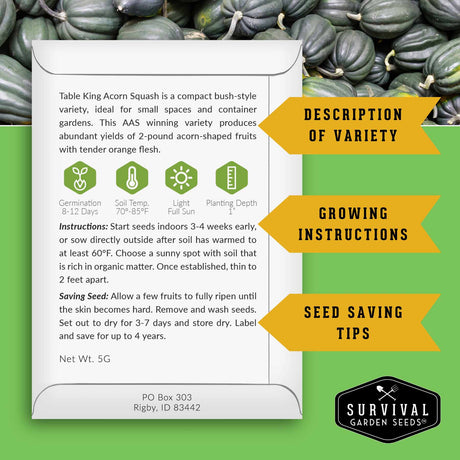 Survival Garden Seeds packaging with acorn squash and text on a green background