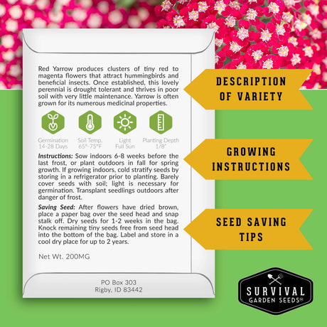 Survival Garden Seeds packaging with text on a green and pink floral background