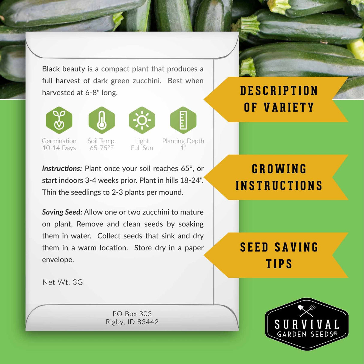 Seed packet for zucchini seeds with growing instructions and seed saving tips on a green background.