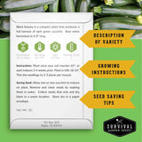 Seed packet for zucchini seeds with growing instructions and seed saving tips on a green background.