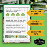 Survival Garden Seeds packaging with green summer squash and text on a green background