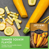 Zucchini with a package labeled 'Survival Garden Seeds' on a dark surface.