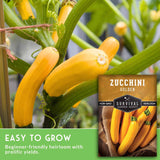 Zucchini plant with yellow zucchinis and a package of Survival Garden Seeds Zucchini Golden.