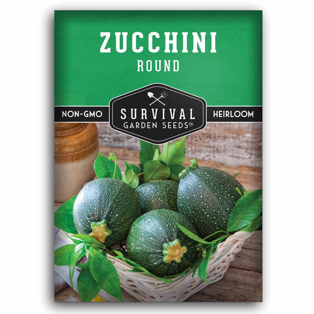Zucchini seed packet with 'Survival Garden Seeds' branding on a green background