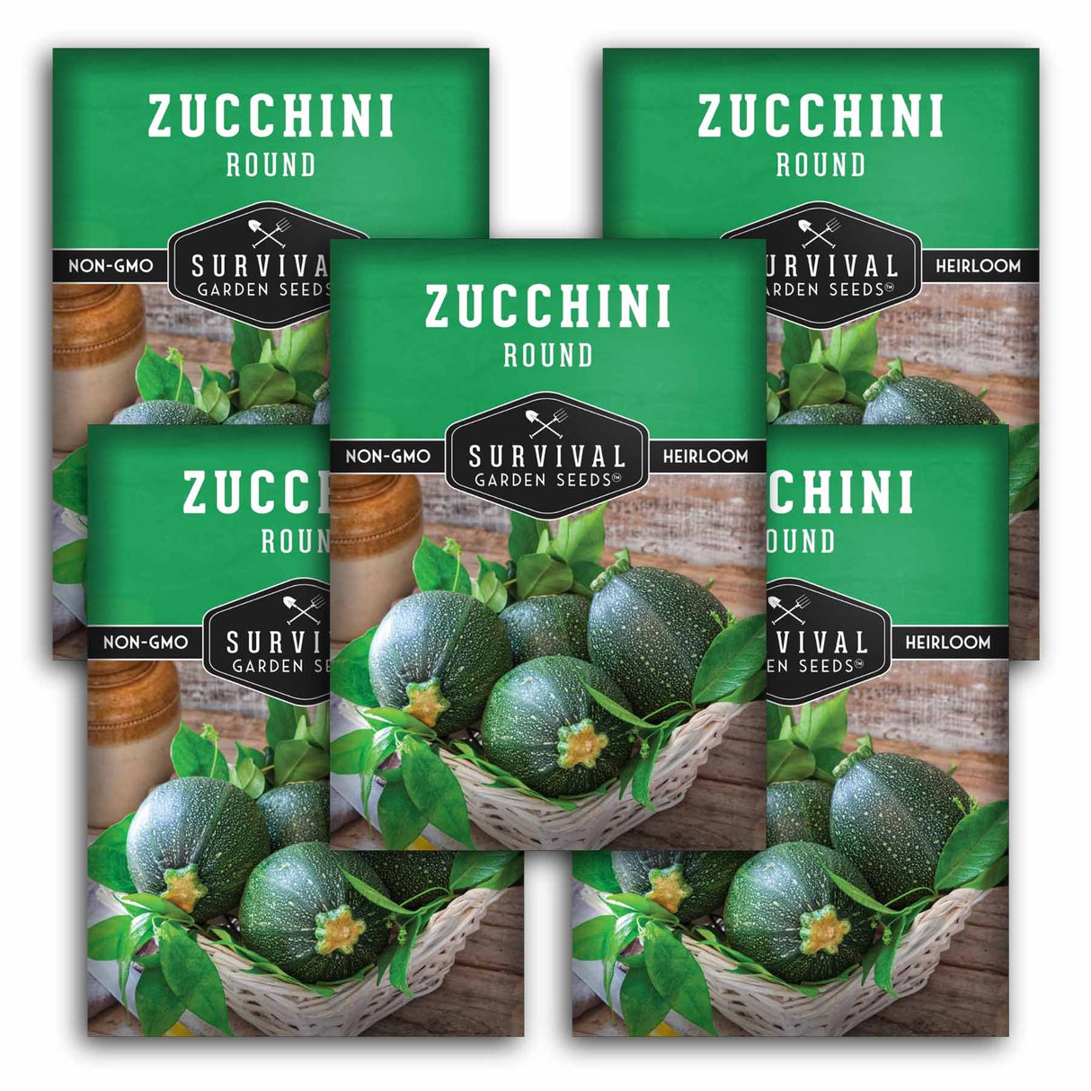 Survival Garden Seed Zucchini Round packages with images of zucchinis on a white background