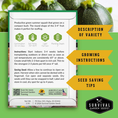 Survival Garden Seeds zucchini seed packet with growing instructions and product details.