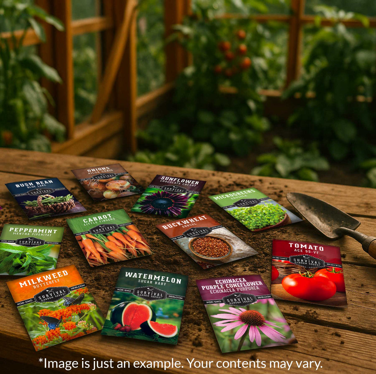 Collection of seed packets on a wooden surface with a garden background