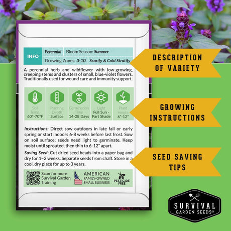 Informational back of Self-Heal seed packet with growing and seed saving instructions