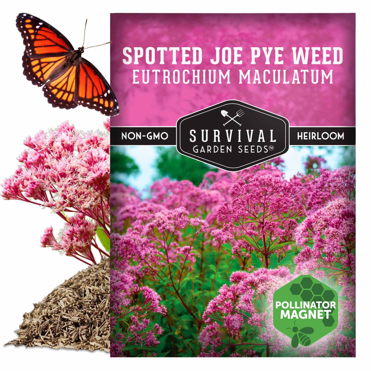 Spotted Joe Pye Weed seed packet with pink flowers and butterfly, labeled 'Survival Garden Seeds'.