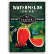 Survival Garden Seeds Watermelon Sugar Baby seed packet with watermelon image on a green background