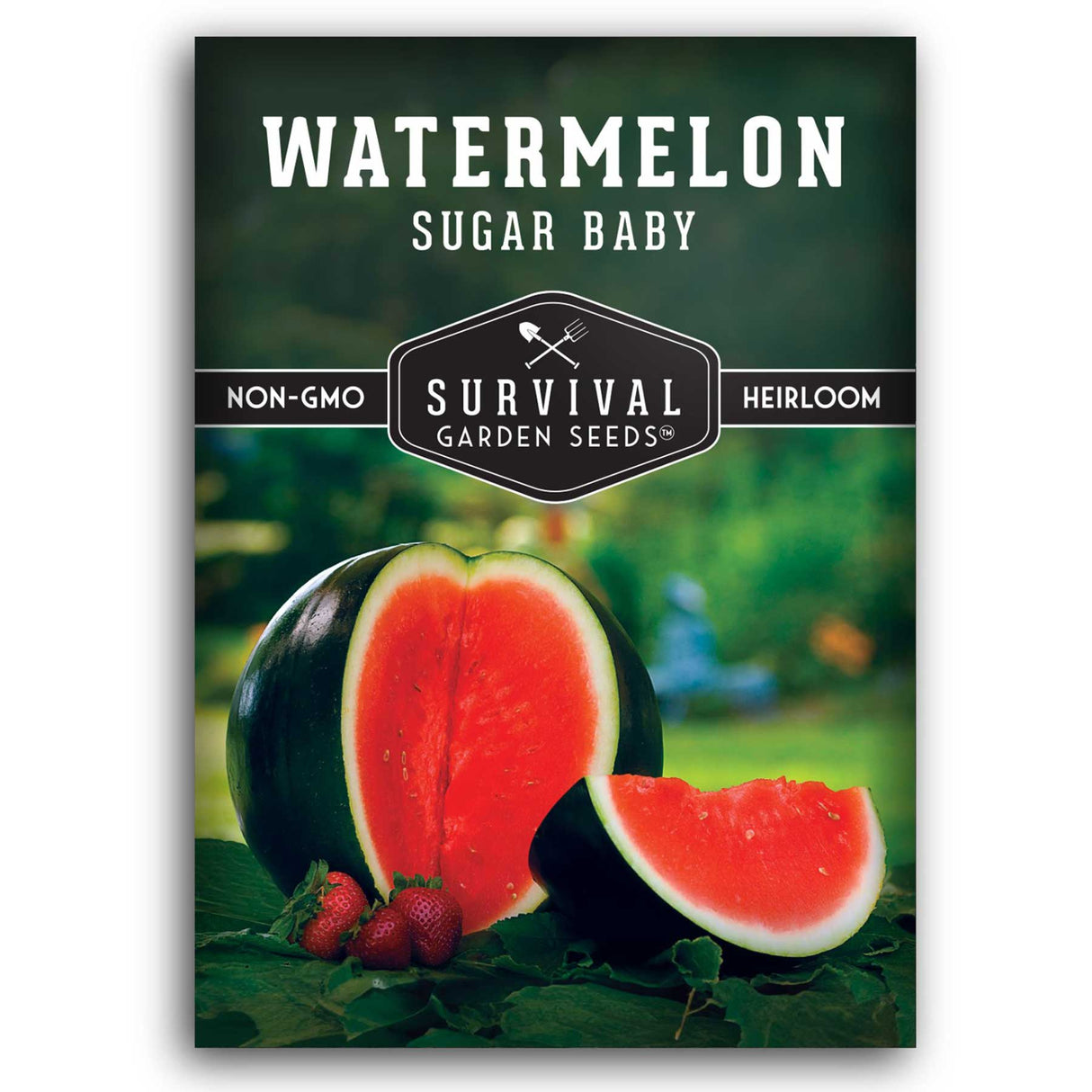 Survival Garden Seeds Watermelon Sugar Baby seed packet with watermelon image on a green background