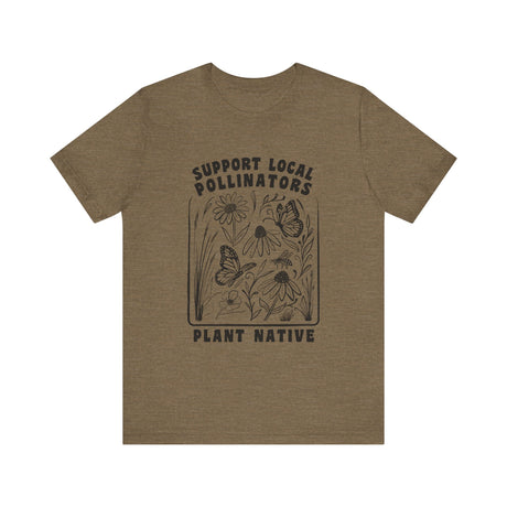 Support Local Pollinators Unisex Tee Shirt Front - Heather Stone