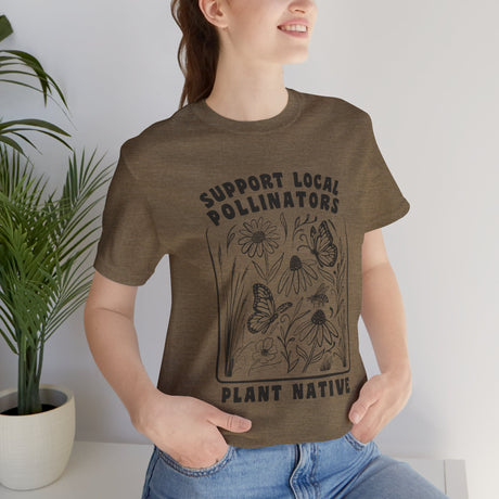 Support Local Pollinators Unisex Tee Shirt shown on female model - Heather Stone