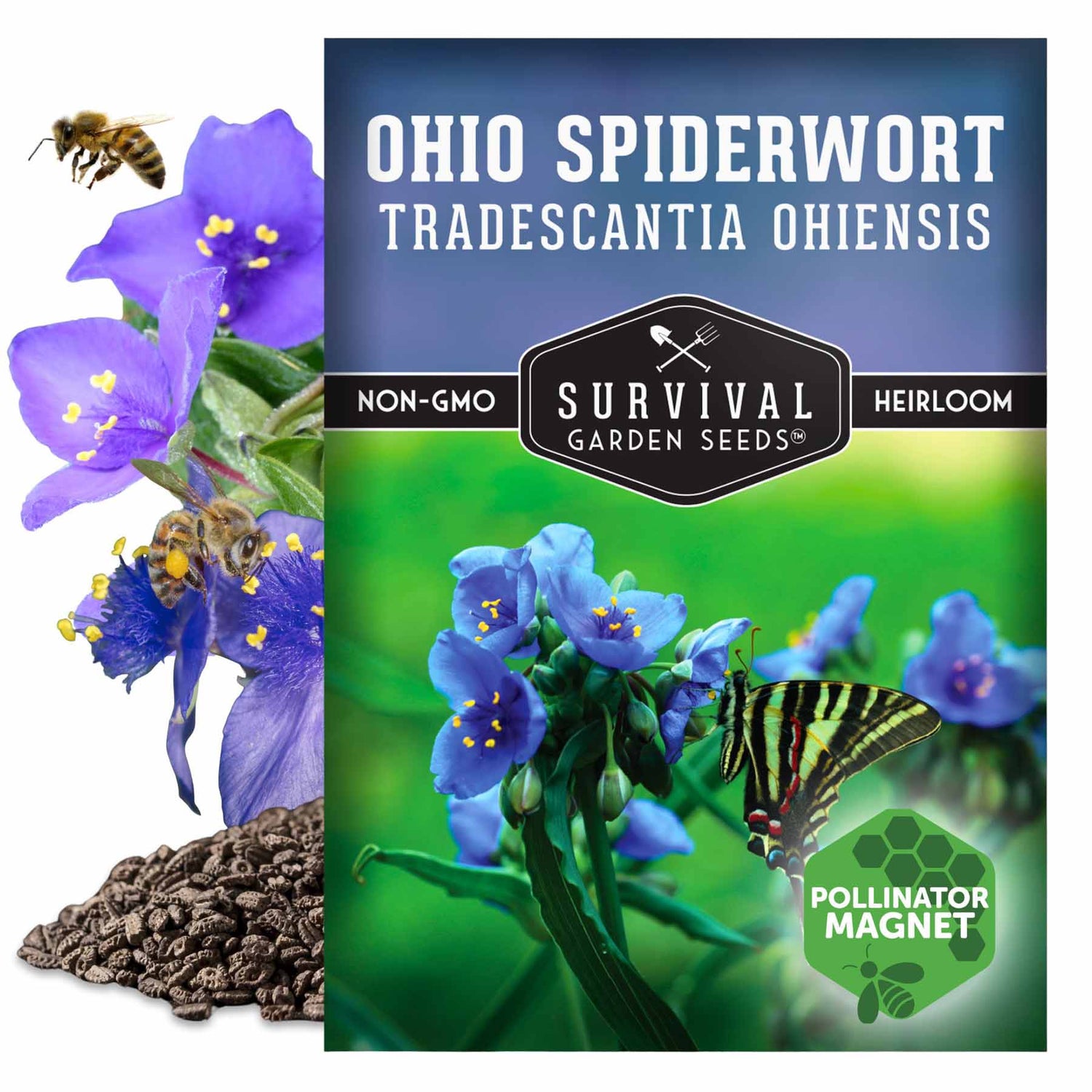 Survival Garden Seeds Ohio Spiderwort seed packet with flowers, bees, and a butterfly.