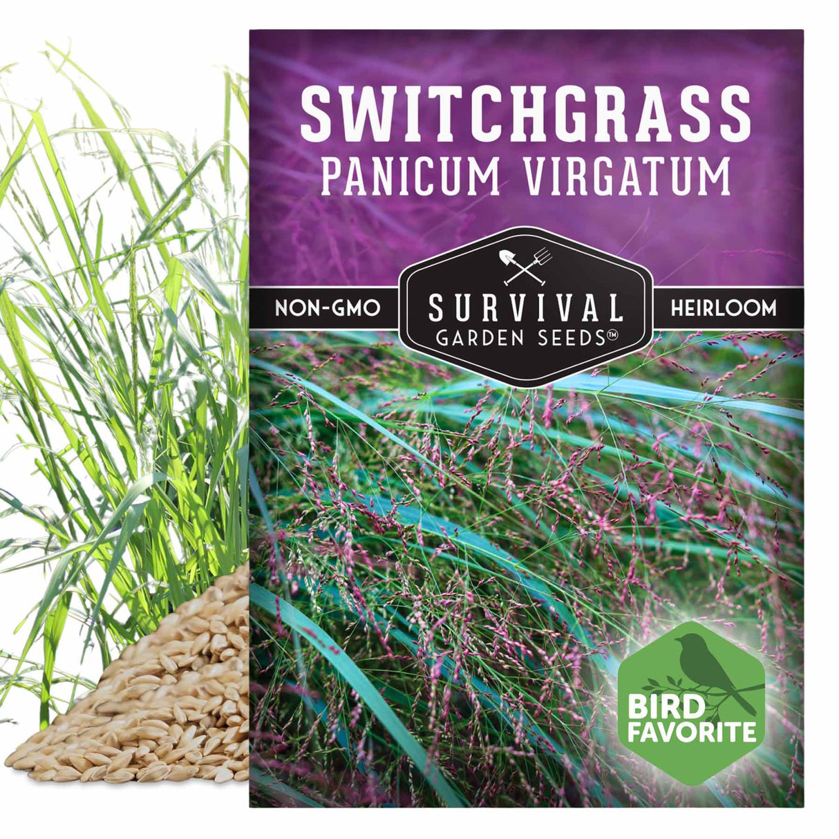 Survival Garden Seeds Switchgrass package with images of grass and seeds.
